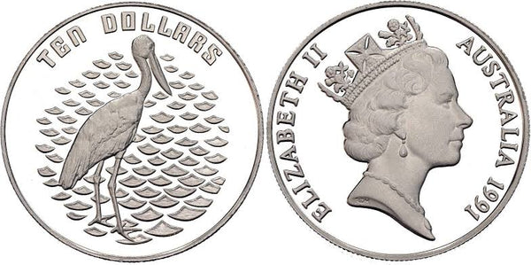 1991 Birds of Australia 'Jabiru' $10 Silver Piedfort Proof Coin