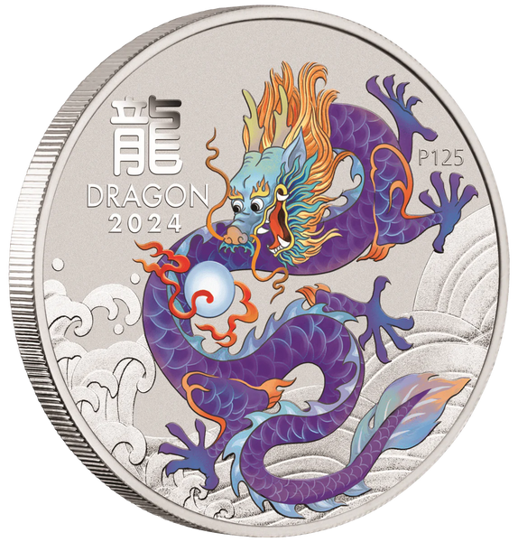 2024 Year of the Dragon 'Purple' 1oz Silver Coloured Coin in Card
