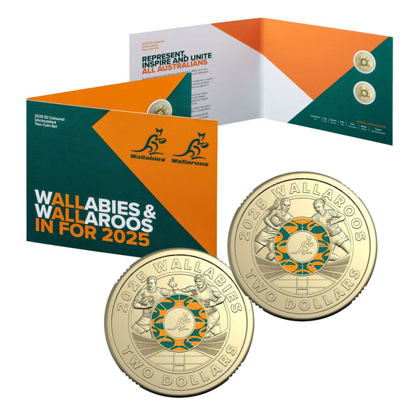 2025 Wallabies & Wallaroos $2 Coloured 2-Coin Set on Card