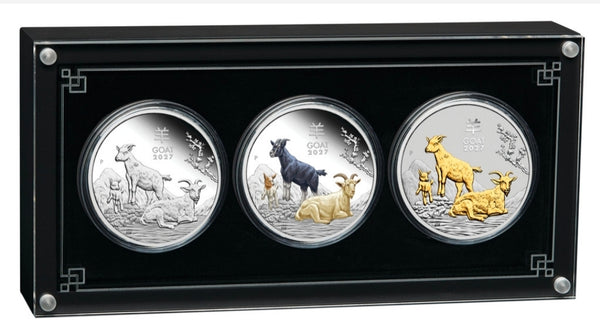 2027 Australian Lunar Series III Year of the Goat 1oz Silver Trio