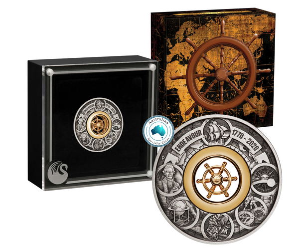 2020 Voyage of Discovery Endeavour 1770-2020 2oz Silver Antiqued Coin