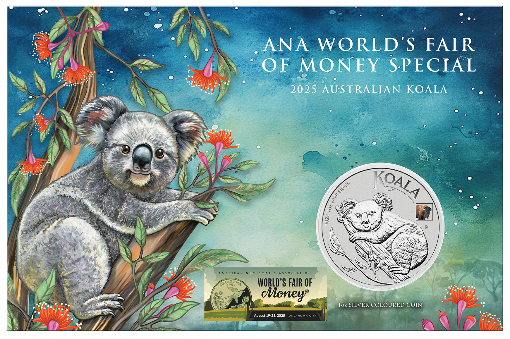 2025 ANA Coin Show Special 'Australian Koala with 
Bison Privy' 1oz Silver 
Coloured Coin
