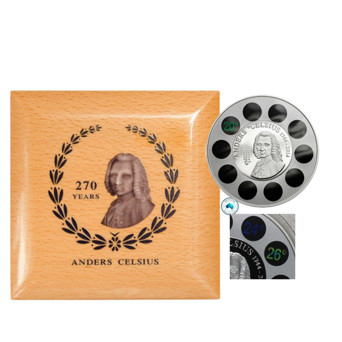2014 Anders Celsius 270th Anniversary – 1oz Silver Proof Coin – With Thermometer