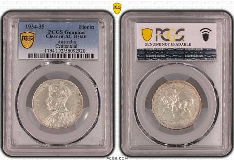1934/35 Melbourne Centenary Florin Cleaned PCGS: AU Detail