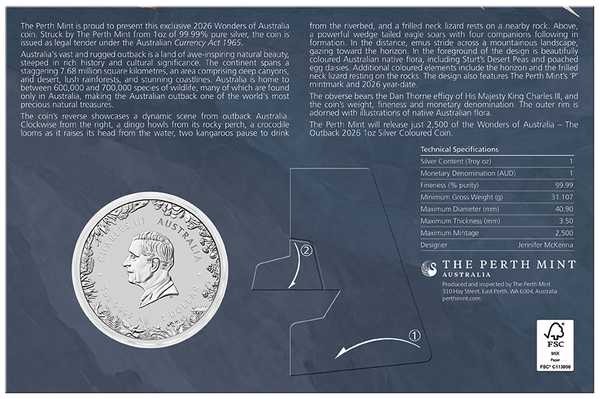 2026 Wonders of Australia 'The Outback' 1oz Coloured Silver Coin on Card