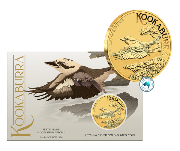 2026 Perth Stamp and Coin Show Special Australian Kookaburra 1oz Silver Gold-Plated Coin
