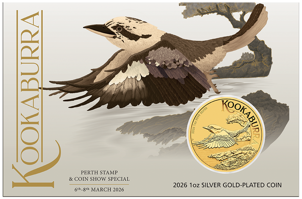 2026 Perth Stamp and Coin Show Special Australian Kookaburra 1oz Silver Gold-Plated Coin