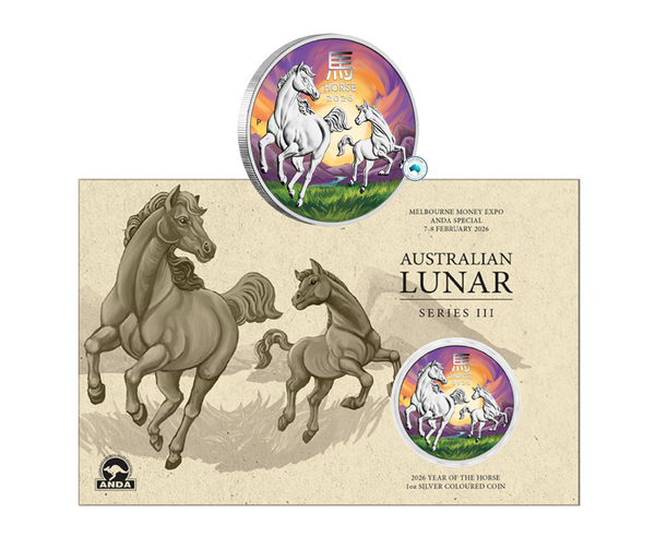 2026 Year of the Horse 1oz Silver Coloured Coin on Card (Melbourne Money Expo)