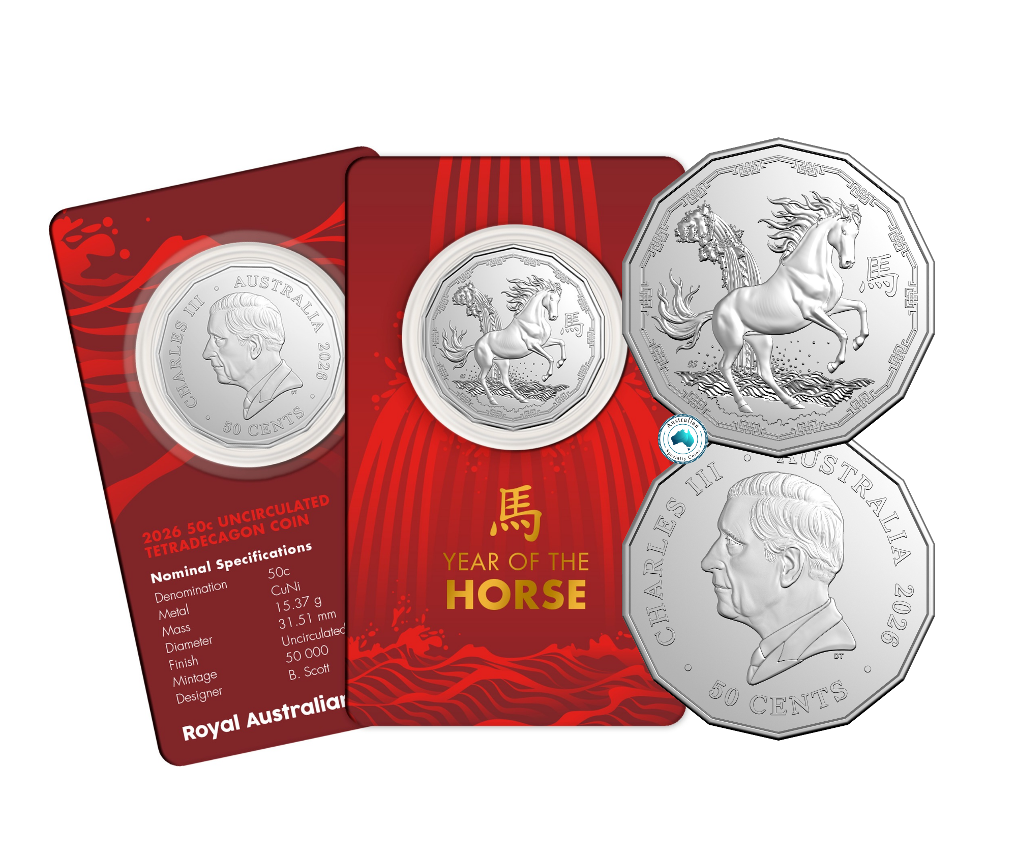 2026 Lunar Year of the Horse 50c Tetra Decagon UNC Coin