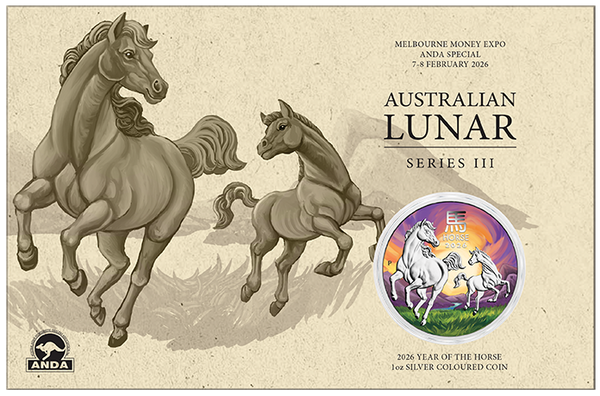 2026 Year of the Horse 1oz Silver Coloured Coin on Card (Melbourne Money Expo)