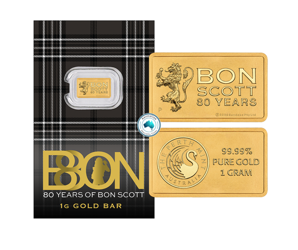 2026 Bon Scott 80th Anniversary 1g Gold Minted Bar in Certi Card