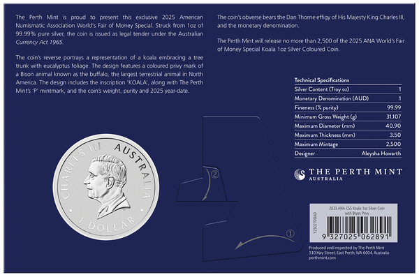2025 ANA Coin Show Special 'Australian Koala with 
Bison Privy' 1oz Silver 
Coloured Coin