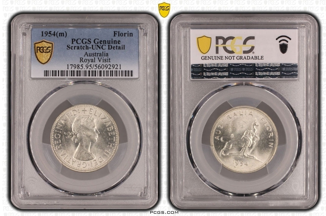 1954-M Australian 'Royal Visit' Florin PCGS Genuine AU Detail - Cleaned