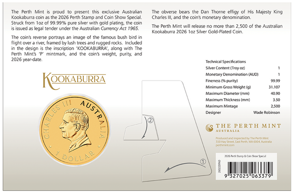 2026 Perth Stamp and Coin Show Special Australian Kookaburra 1oz Silver Gold-Plated Coin