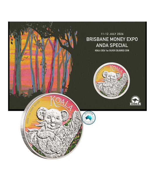 2026 Auatralian Koala 1oz Silver Coloured Coin on Card (Brisbane Money Expo)