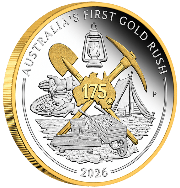 2026 Australia's First Gold Rush 175th Anniversary 1oz Fine Silver Proof Gilded Coin