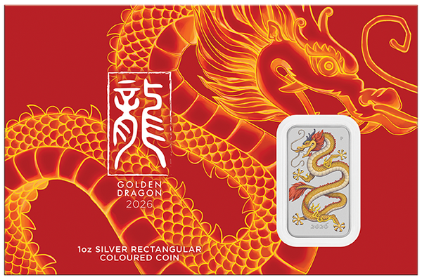 2026 Golden Dragon 1oz Silver Coloured Rectangular Coin in Card