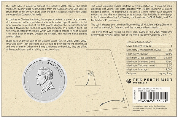 2026 Year of the Horse 1oz Silver Coloured Coin on Card (Melbourne Money Expo)