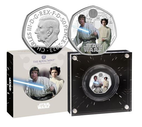 Star Wars Luke Skywalker and Princess Leia 2023 UK 50p Silver Proof Colour Coin