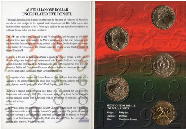 1992 Royal Australian Mint 1984-1992 5 Coin $1 Uncirculated Set