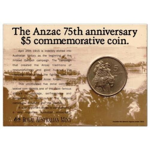 1990 The Anzac 75th Anniversary $5 Coin on Card