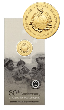 2007 Australian Peacekeeping 60th Anniversary $1 Uncirculated Coin in Card