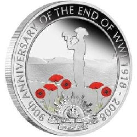 2008 Australia 90th Anniversary End of WWI 1oz Silver Proof $1 Coin