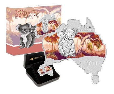 2014 $1 Australian Map Shaped Coin – Koala 1oz Silver Coin