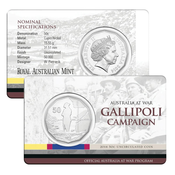 2014 Australia At War - Gallipoli Campaign 50c Carded UNC