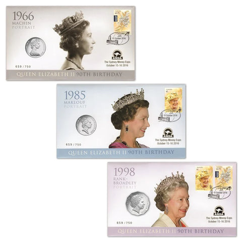 2016 QEII 90th Birthday Sydney ANDA Show Stamp and Coin PNC Trio