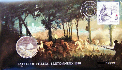 2018 Battle of Villers-Bretonneux 1918 Foil Postmarked Limited Edition 50c PNC