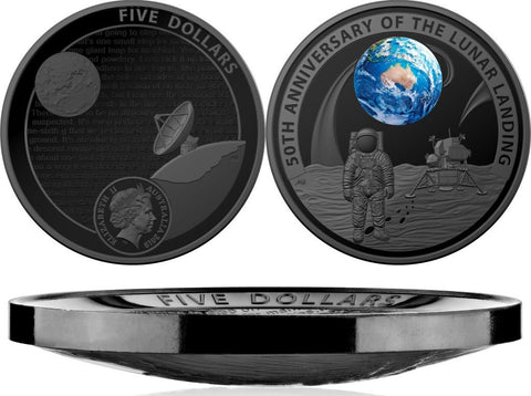 2019 50th Anniversary of the Apollo 11 Lunar Landing $5 Coloured and Nickel Plated One Ounce Fine Silver Domed Proof Coin