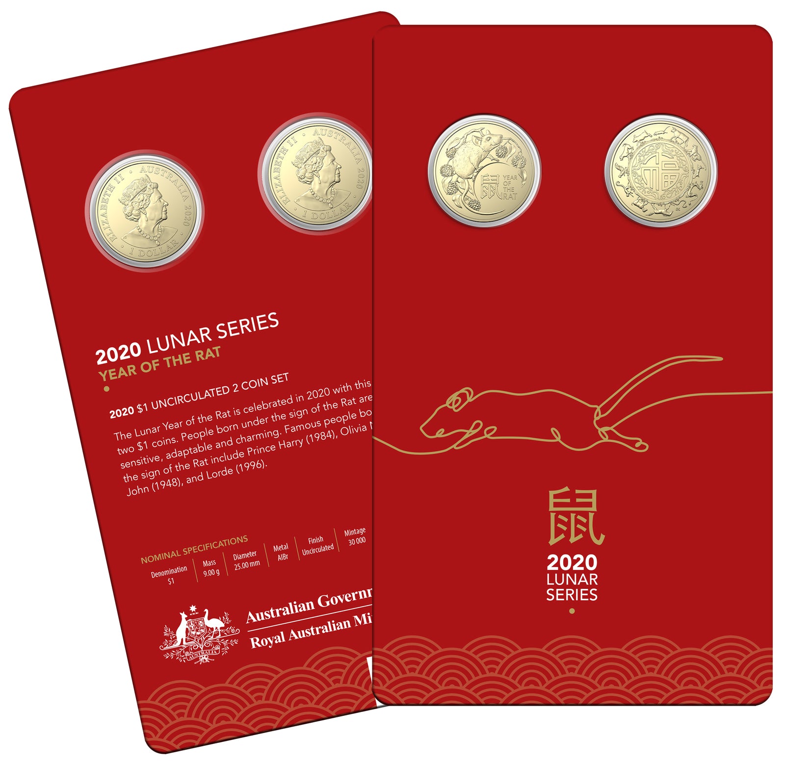 2020 Year of the Rat 2 Coin $1 Set UNC