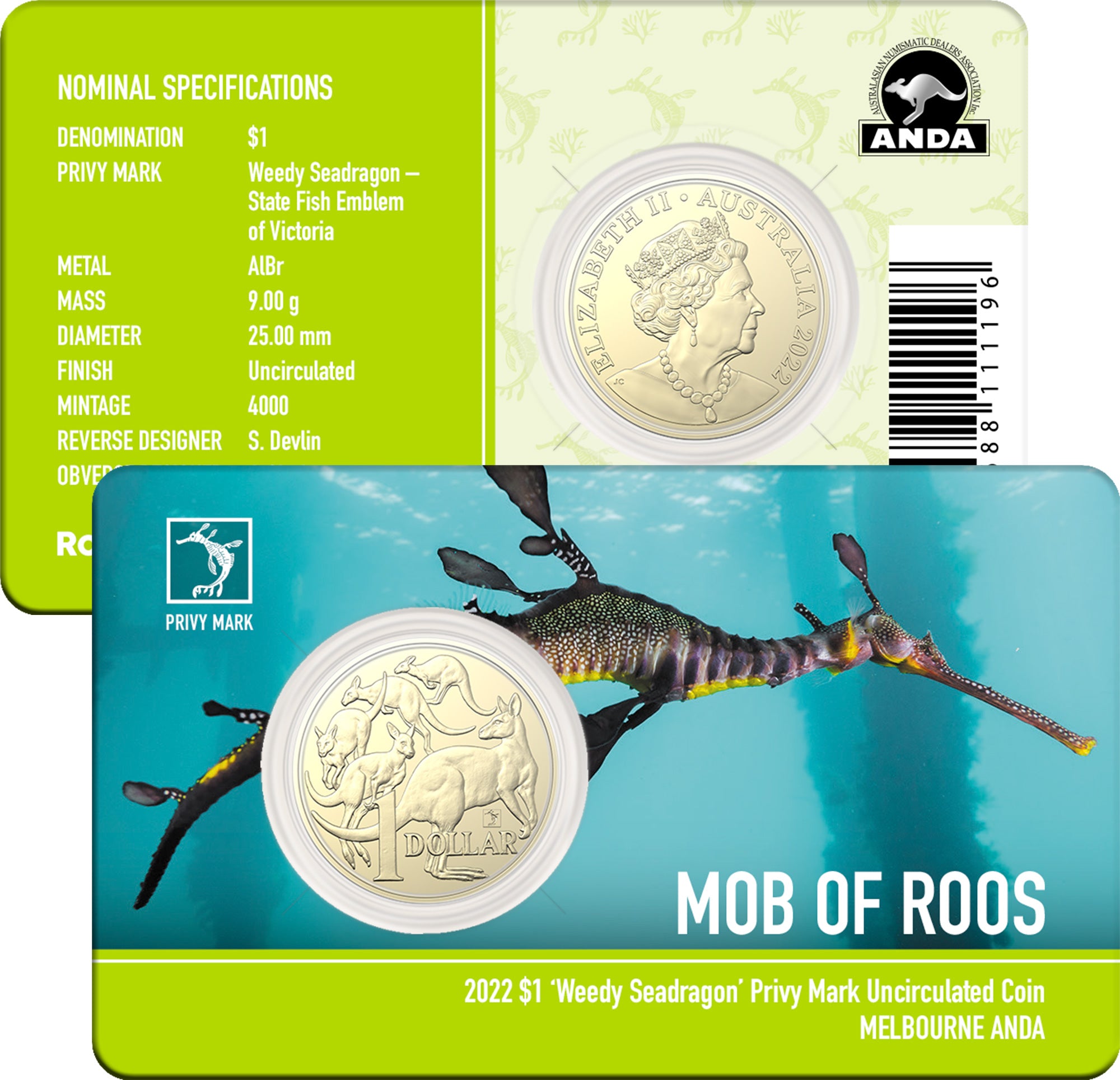 2022 MOR 'Weedy Seadragon' Privy $1 UNC Coin