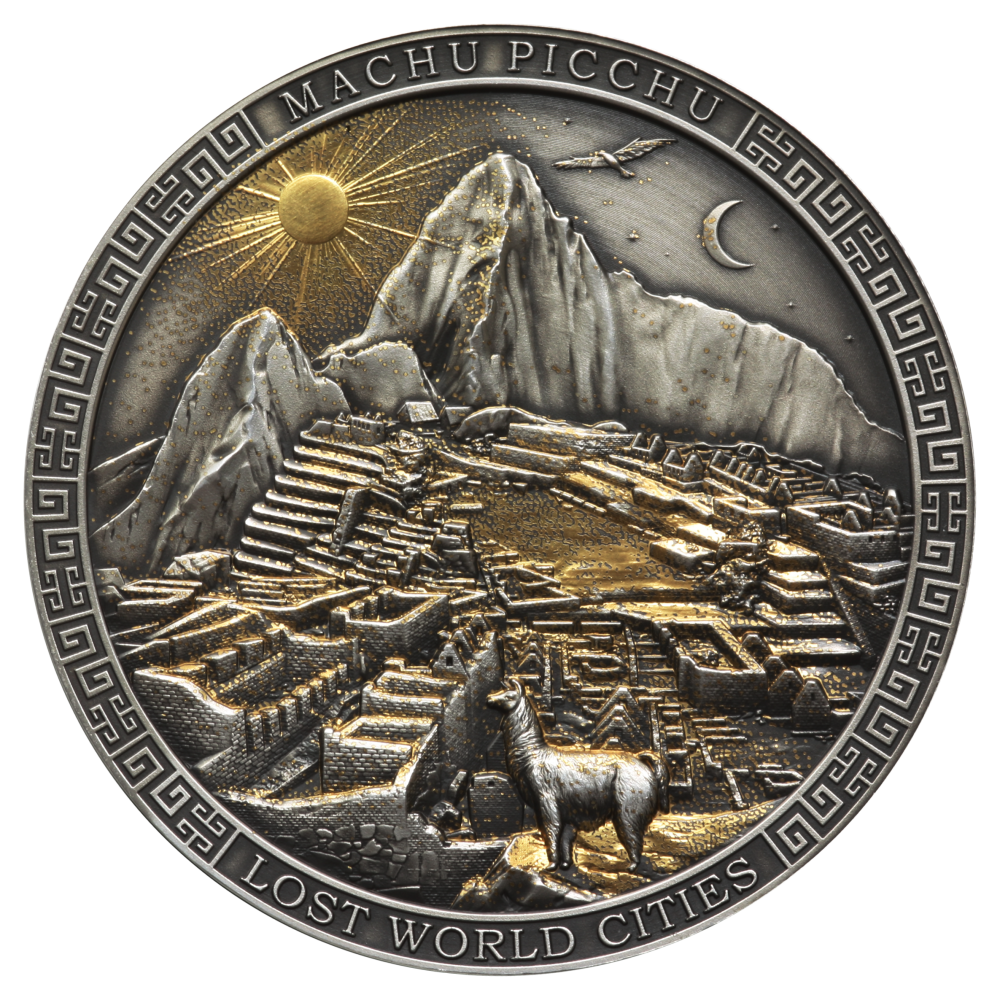 2022 Machu Picchu $5 Selectively Gold-Plated 2oz Silver Antiqued High Relief Coin