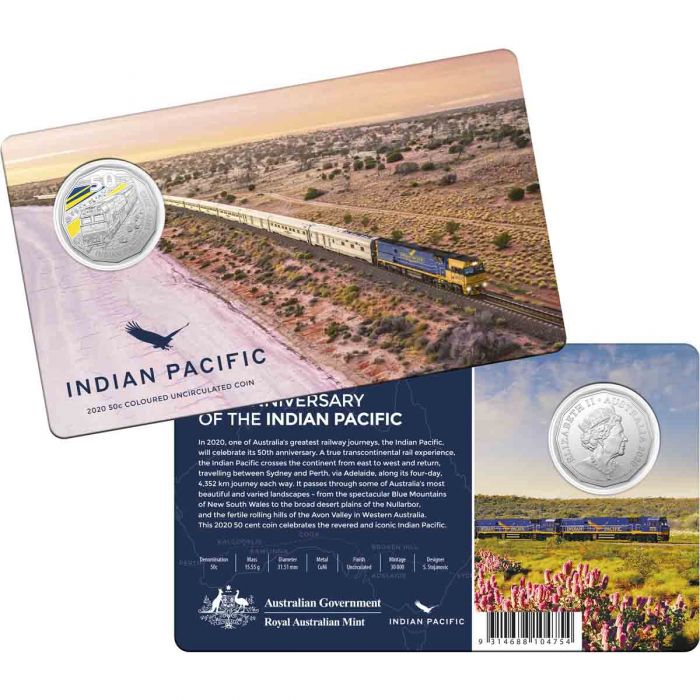 2020 50th Anniversary of the Indian Pacific 50c Coloured Uncirculated Coin