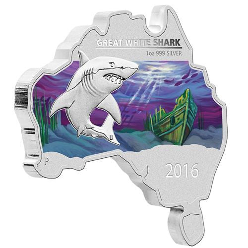 2016 Australian Map Shaped Great White Shark $1 1oz Silver Coin