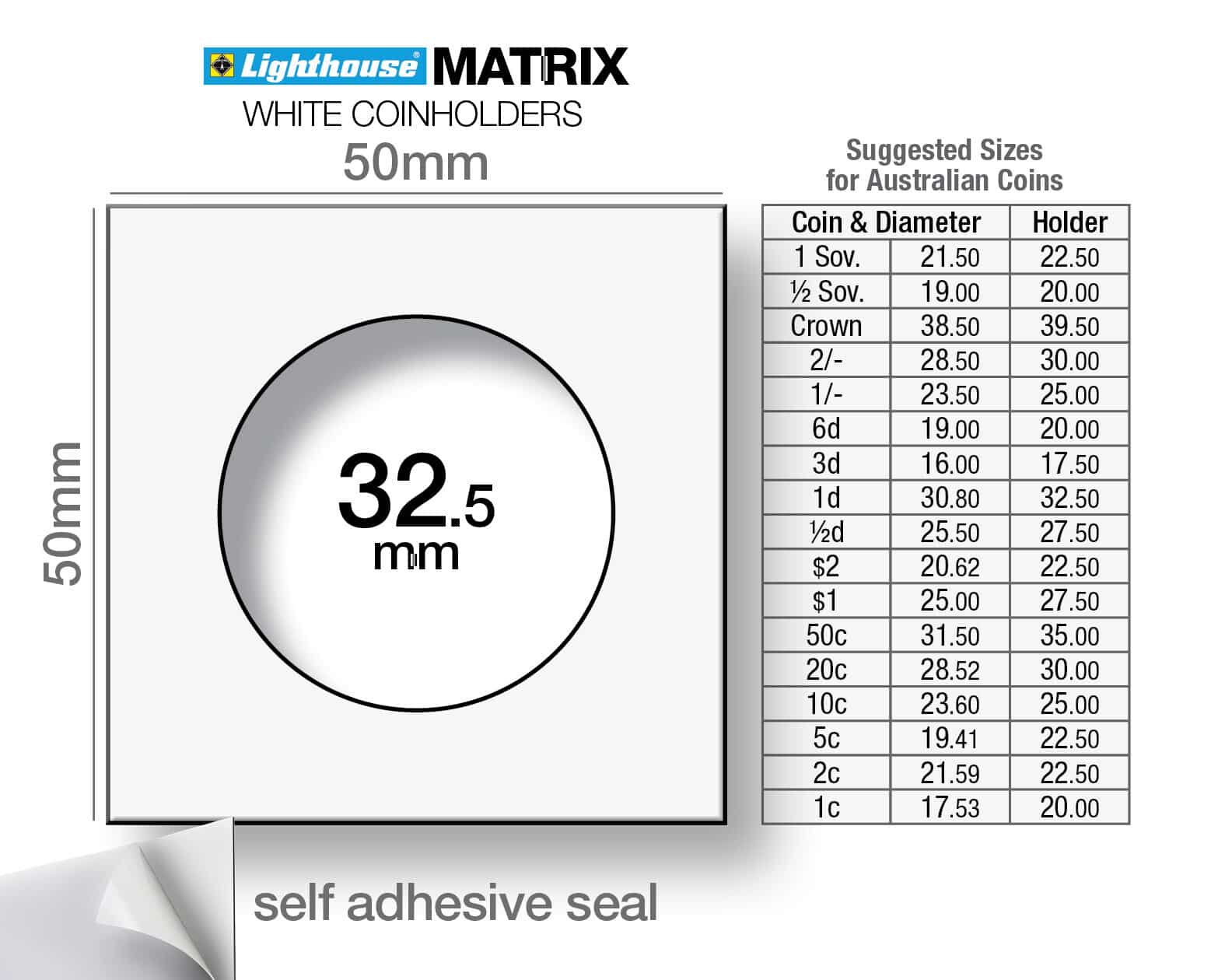 MATRIX 32.5mm Self-Adhesive Coin Holders 2x2 Pack of 25