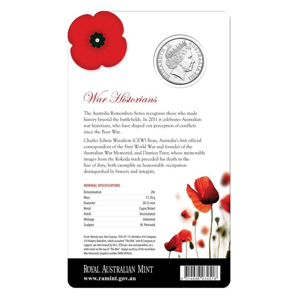 2011 Australia Remembers 'War Historians' 20c Unc Coin in Card
