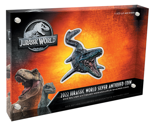 2022 Jurassic World 2oz Silver Antiqued Mosasaurus Shaped Coin