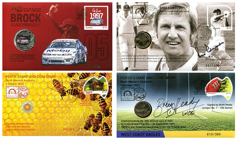 2022 Perth Stamp and Coin Show PNC Set of 4 (Ross Edwards, Brett Heady, Peter Brock, Beekeeping)