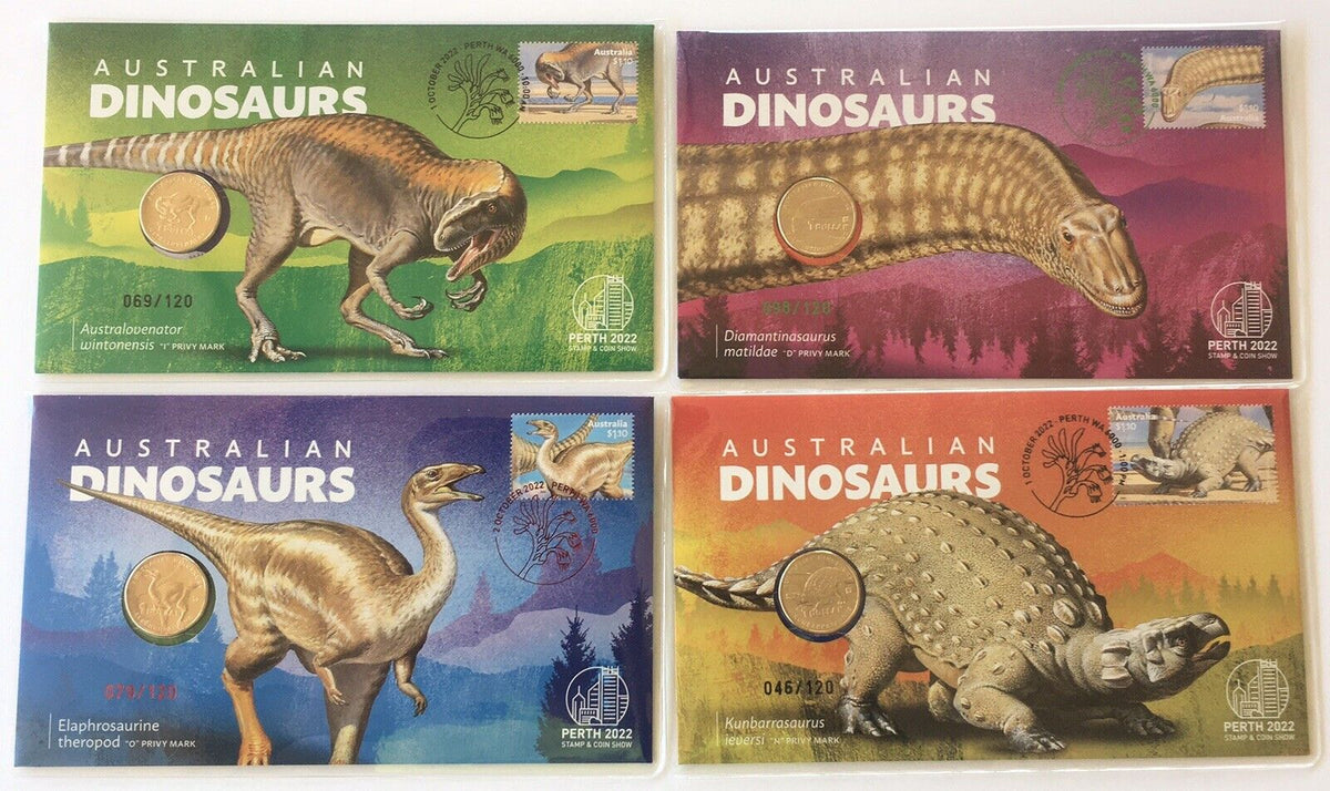 2022 Perth Stamp & Coin Show Set of 4 Dinosaur PNC's Limited to 120 Pe Australian Specialty Coins