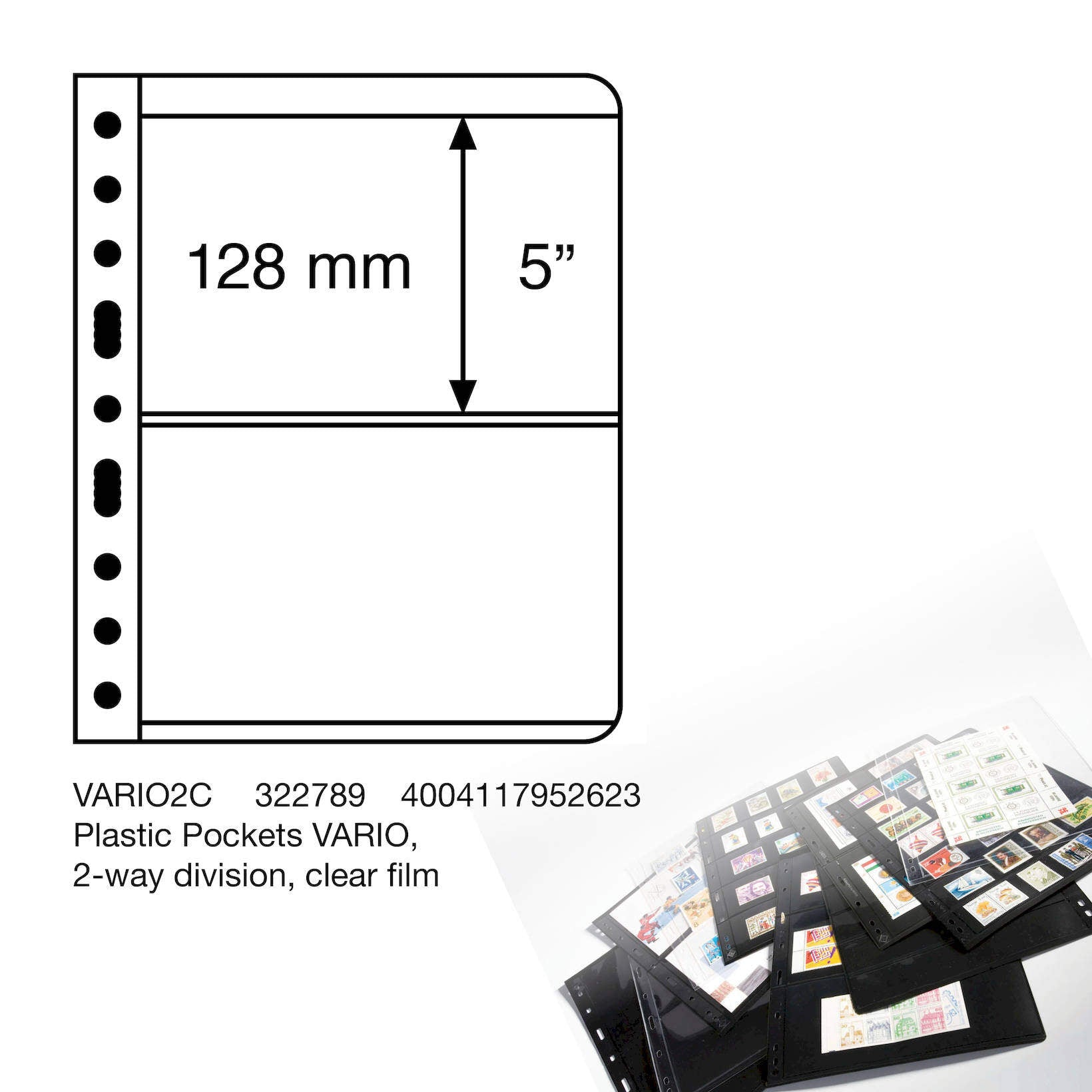 Vario 2C Plastic Pockets, 2-Way Division, Clear Film