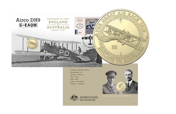 2019 Centenary of First Flight England to Australia Airco DH9 G-EAQM $1 PNC