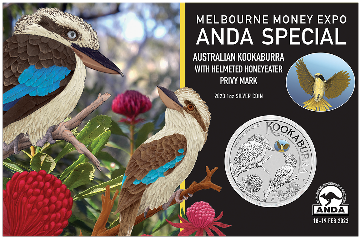 2023 Melbourne Money Expo - Perth Mint 1oz Silver Kookaburra with Helmeted Honeyeater Privy Mark - Presented by ANDA