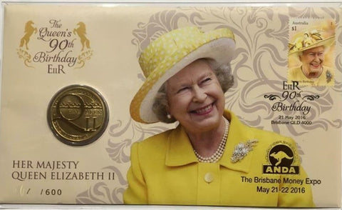 2016 Queen's 90th Birthday $1 PNC- Brisbane Money Expo ANDA Overprint