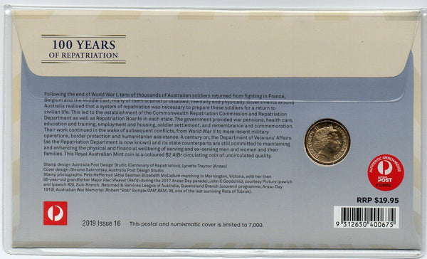 2019 Bringing Them Home - A Hundred Years of Repatriation $2 PNC